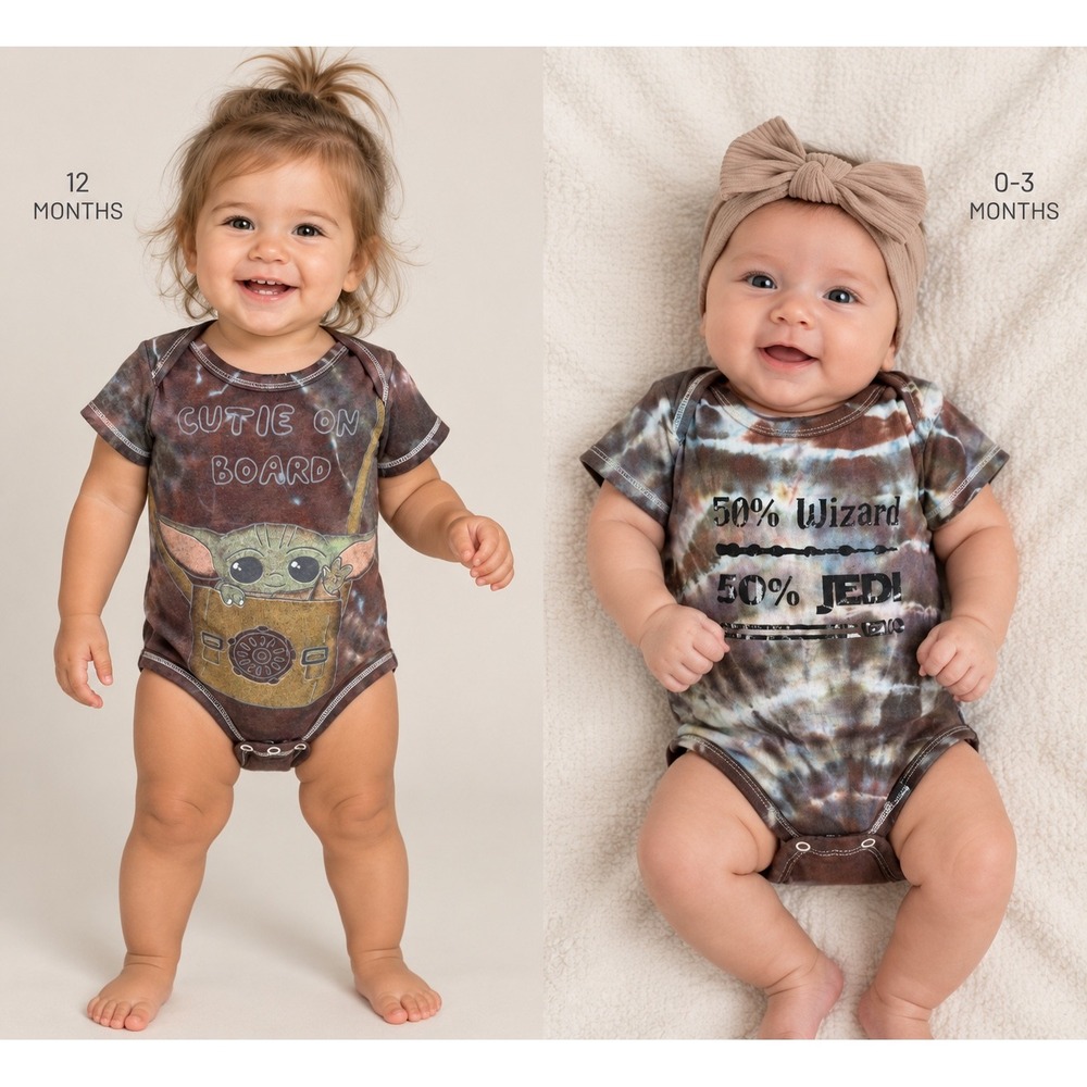 Star Wars CUSTOM Bodysuits Kids 0-3M 12M Brown Tie Dye Grogu Jedi Set of 2